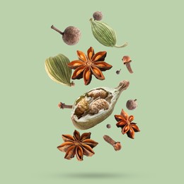 Image of Different spices falling on light green background