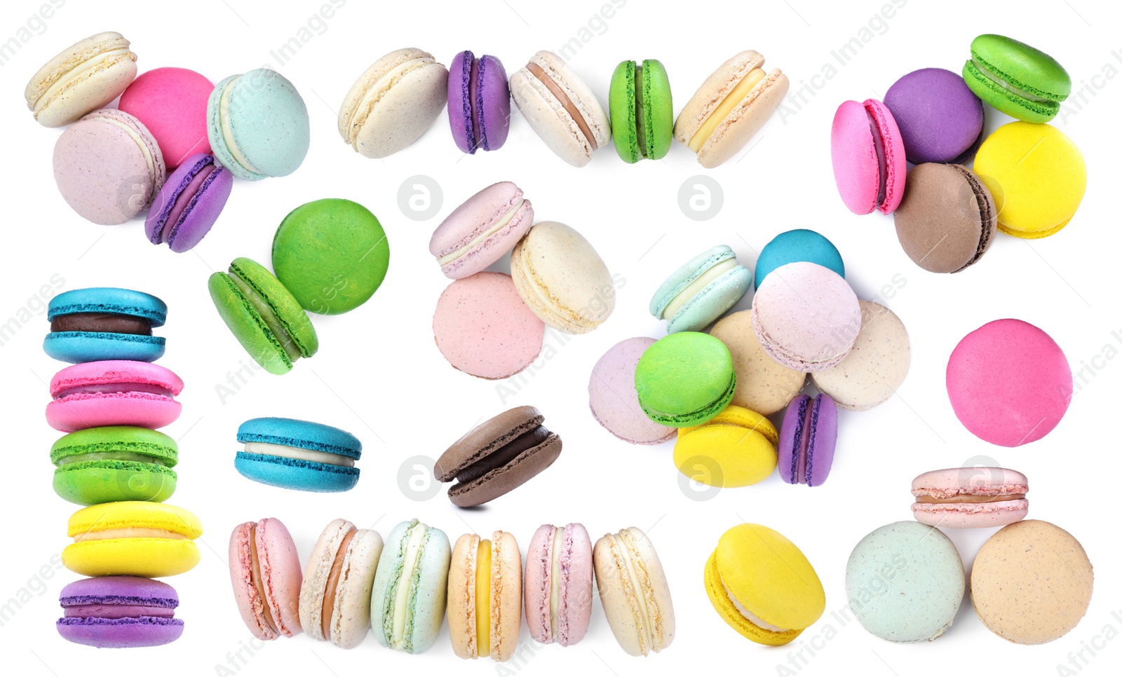 Image of Set with different delicious macarons on white background, top view