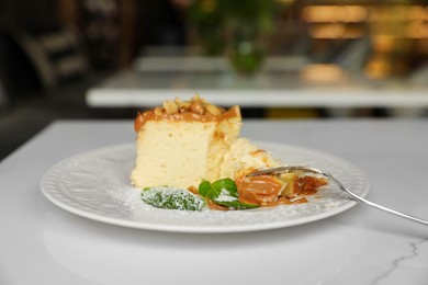 Photo of Tasty dessert on white table in cafeteria