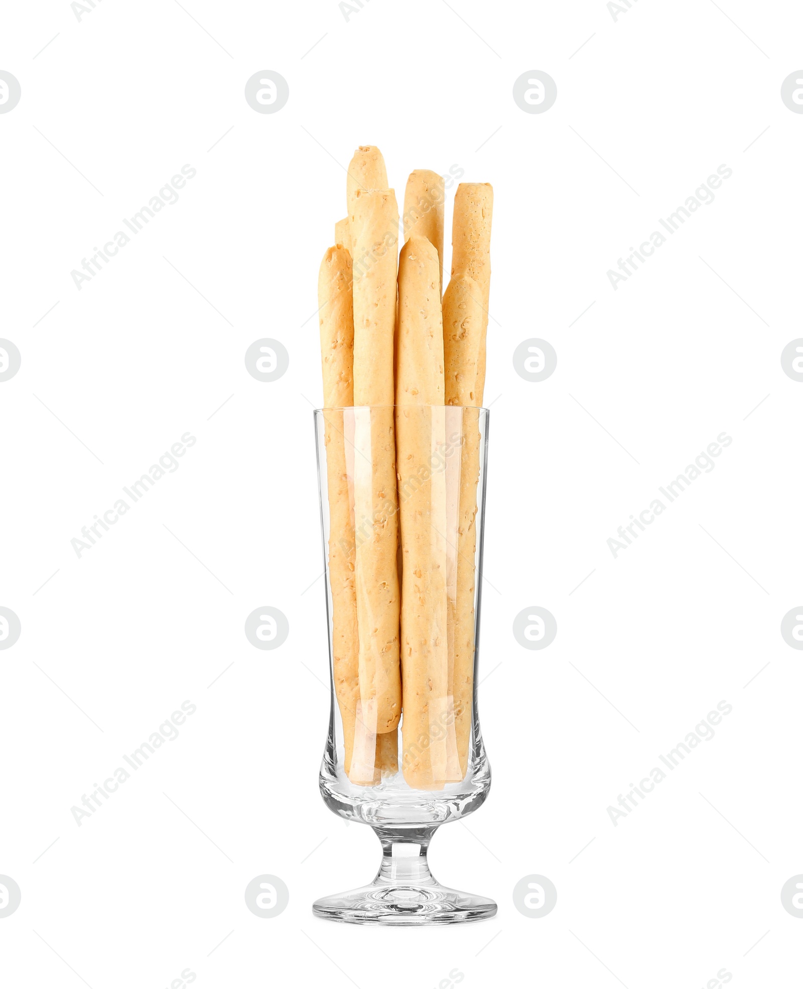 Photo of Delicious grissini in glass on white background