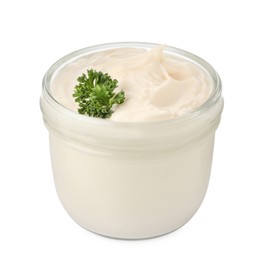 Mayonnaise with parsley in glass jar isolated on white