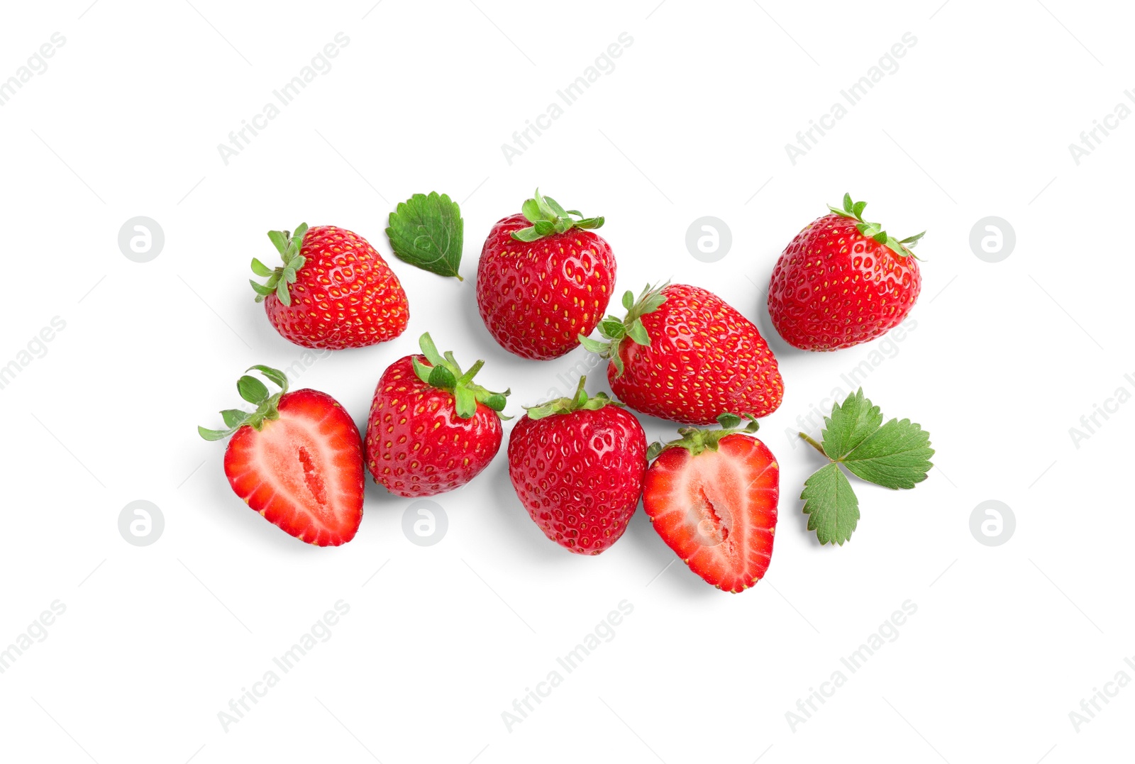 Photo of Delicious fresh red strawberries and green leaves on white background, top view