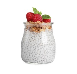 Photo of Delicious chia pudding with raspberries and granola on white background