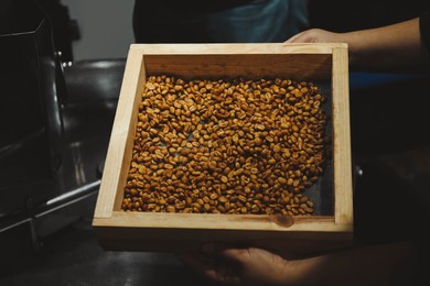 Photo of Man holding sieve with coffee beans indoors, closeup