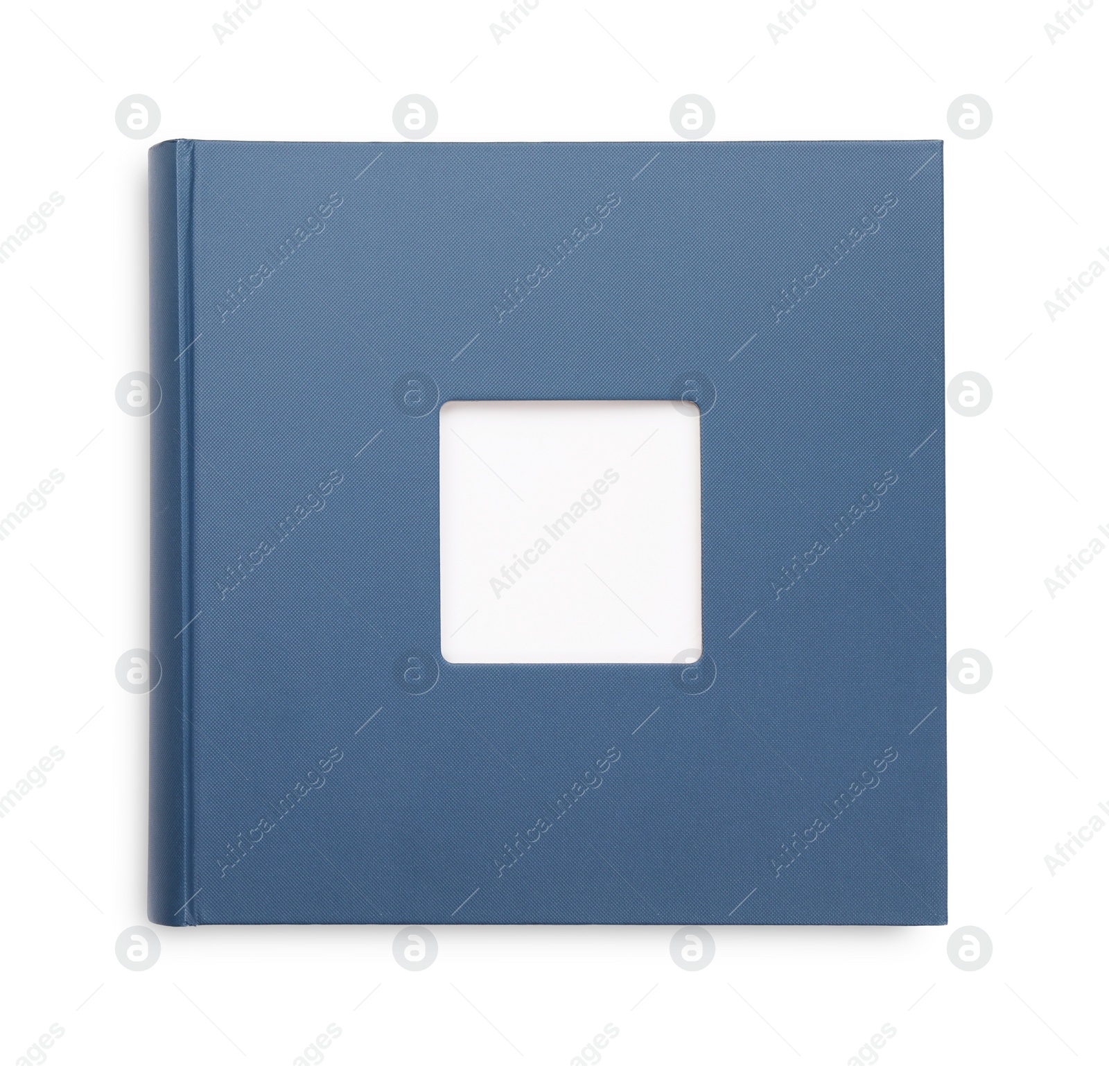 Photo of Blue photo album isolated on white, top view