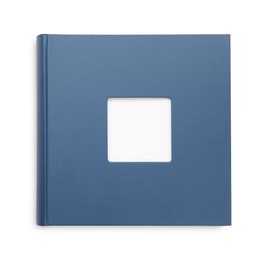 Photo of Blue photo album isolated on white, top view