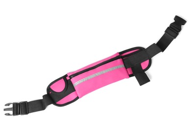 Stylish pink waist bag on white background, top view