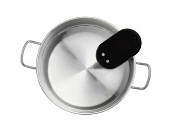 Photo of Thermal immersion circulator in pot isolated on white, top view. Sous vide cooker