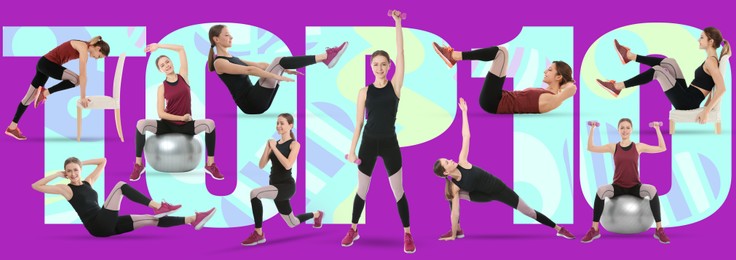 Image of Top ten list of home fitness exercises on color background. Young sporty woman in different poses