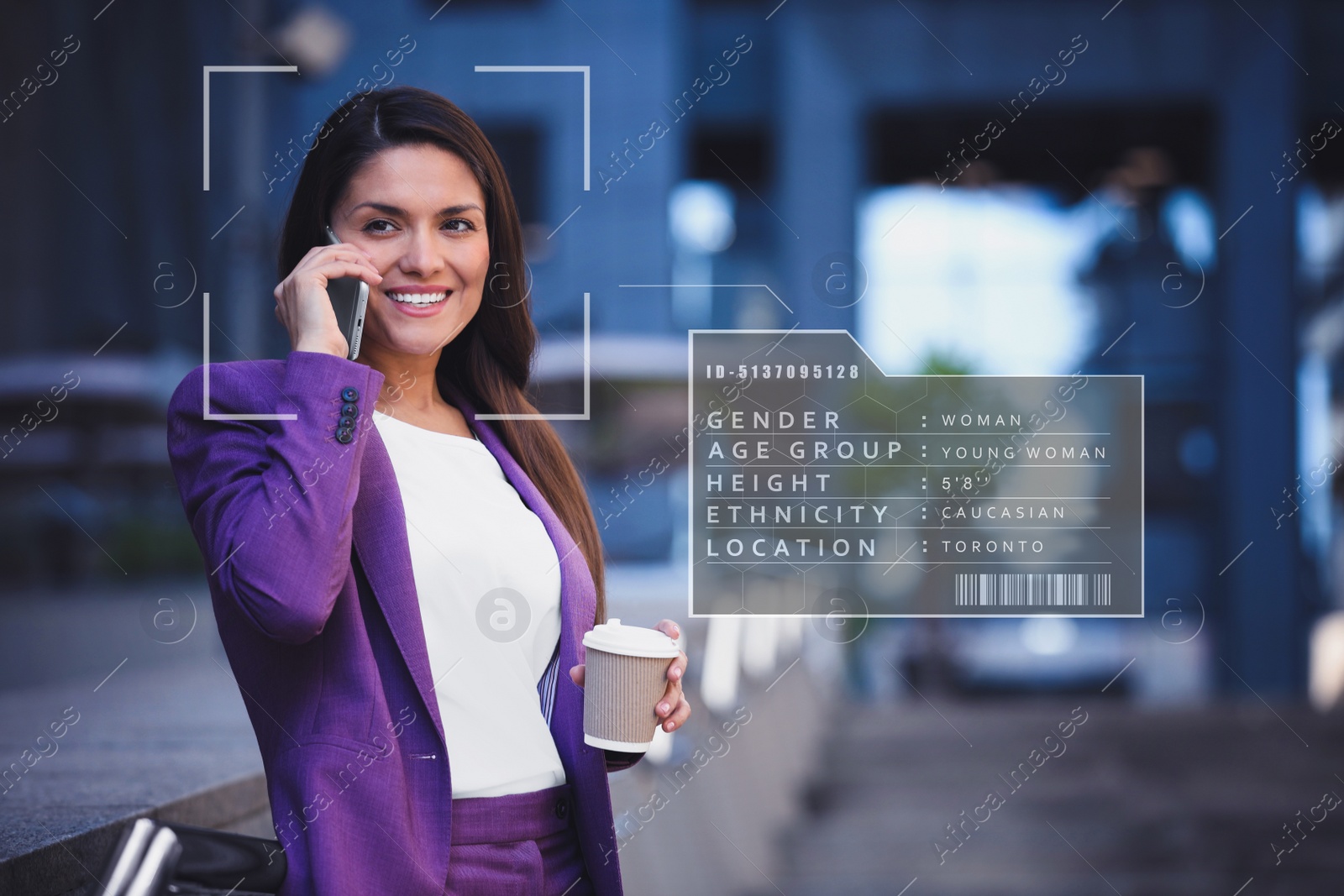 Image of People search by facial recognition. Woman outdoors with scanner frame on face and her private information