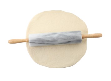 Photo of Raw dough and rolling pin isolated on white, top view