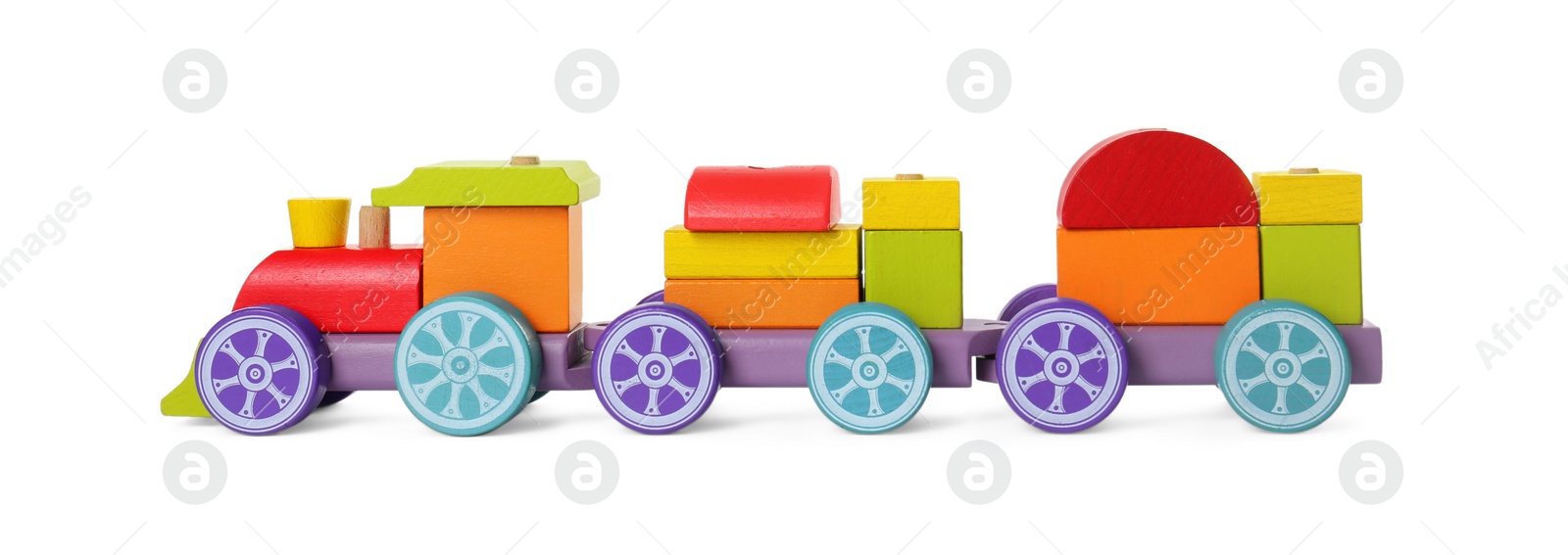 Photo of One colorful wooden train isolated on white. Children's toy