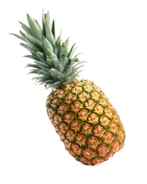 Tasty whole pineapple with leaves on white background