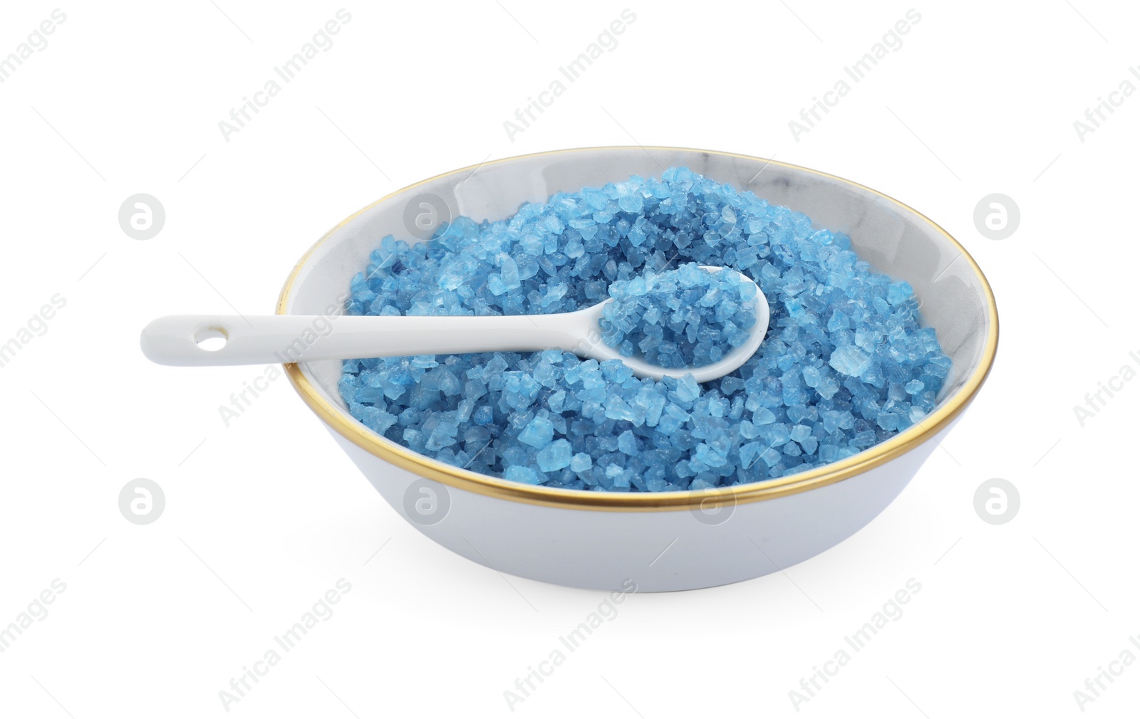 Photo of Bowl with blue sea salt isolated on white