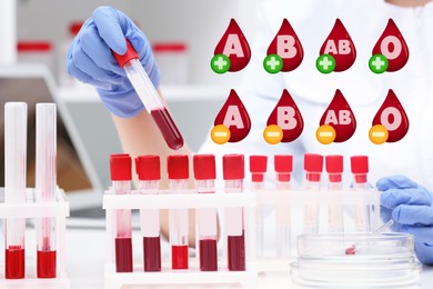 Image of Images of drops representing different blood types and scientist working with samples in laboratory , closeup