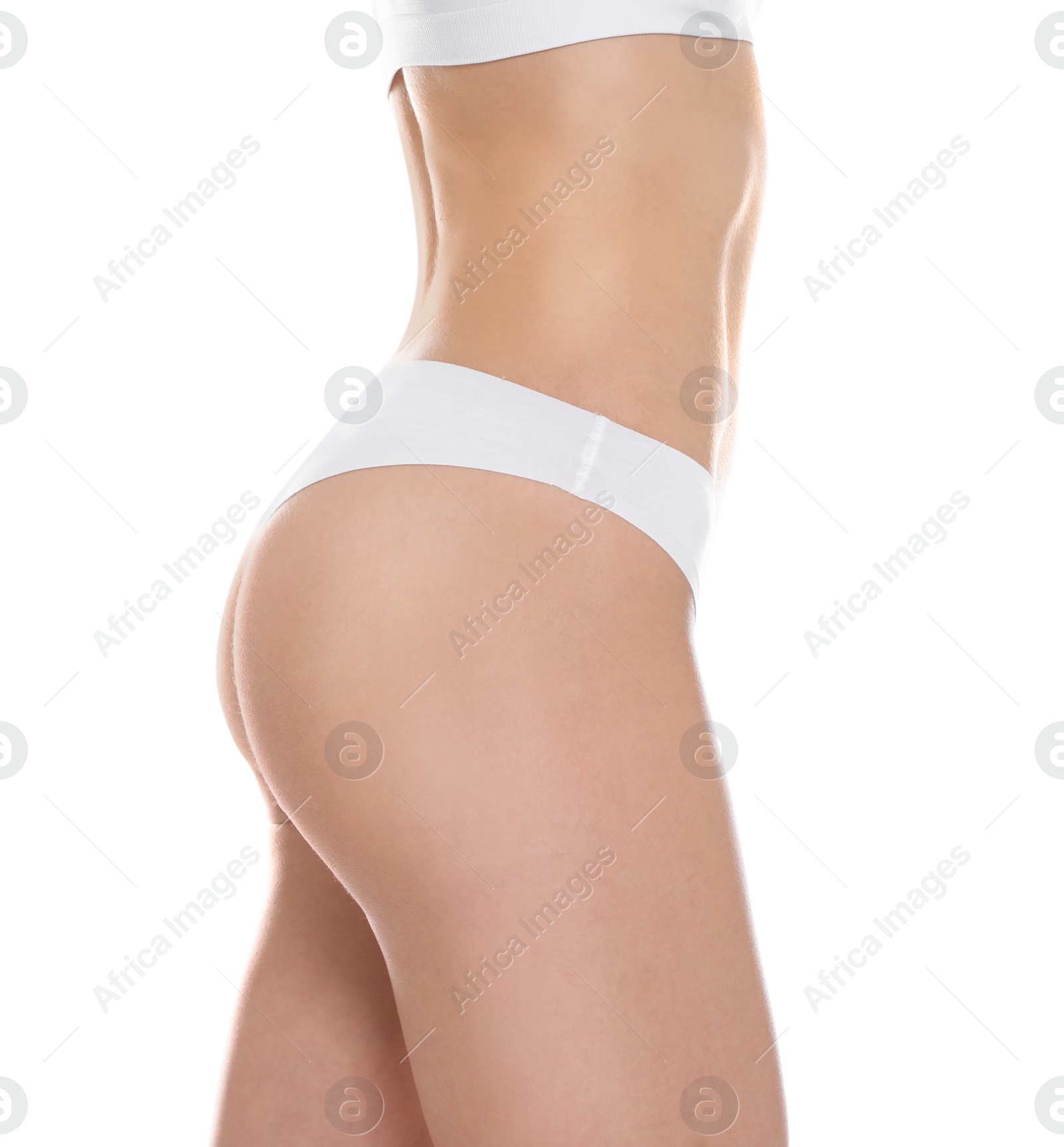 Photo of Slim young woman with smooth gentle skin on white background, closeup. Beauty and body care concept