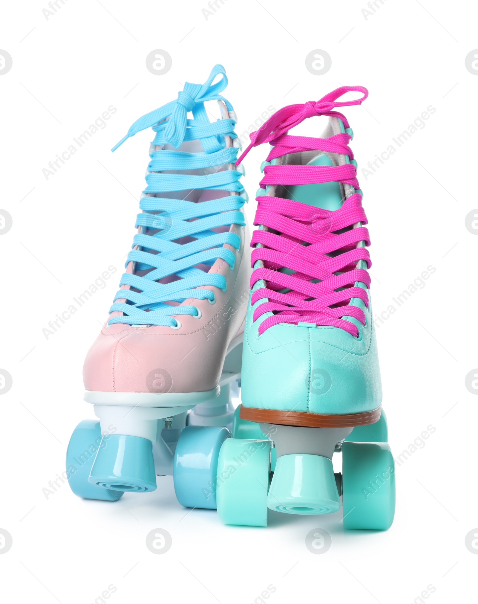 Photo of Bright stylish roller skates on white background