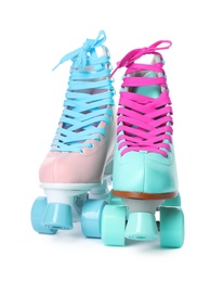 Photo of Bright stylish roller skates on white background