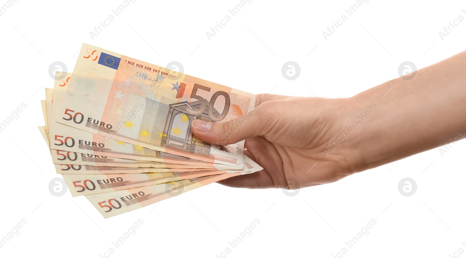 Photo of Woman with money on white background, closeup