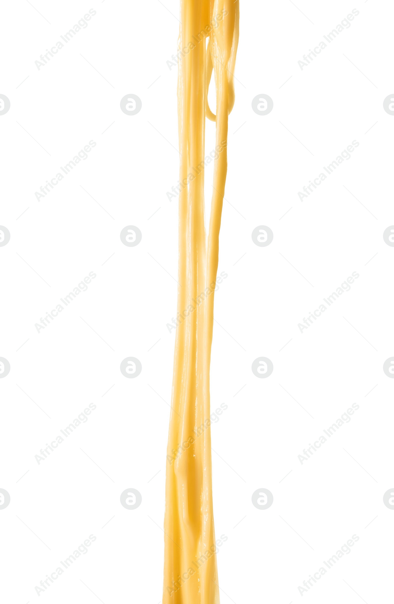 Photo of Stretching delicious melted cheese isolated on white