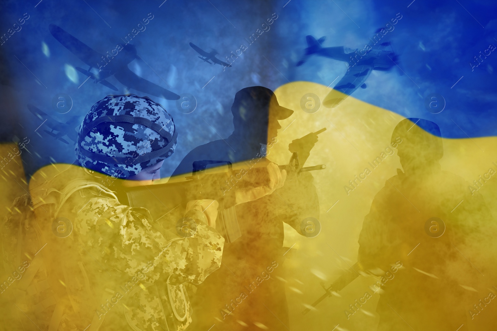 Image of Silhouettes of soldiers and Ukrainian national flag, double exposure