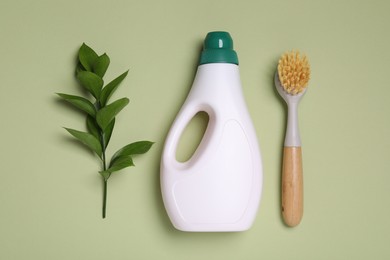 Bottle of cleaning product, brush and decorative branch on green background, flat lay