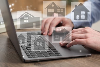 House search. Man choosing home via laptop at table, closeup. Illustrations of different buildings as real estate variations