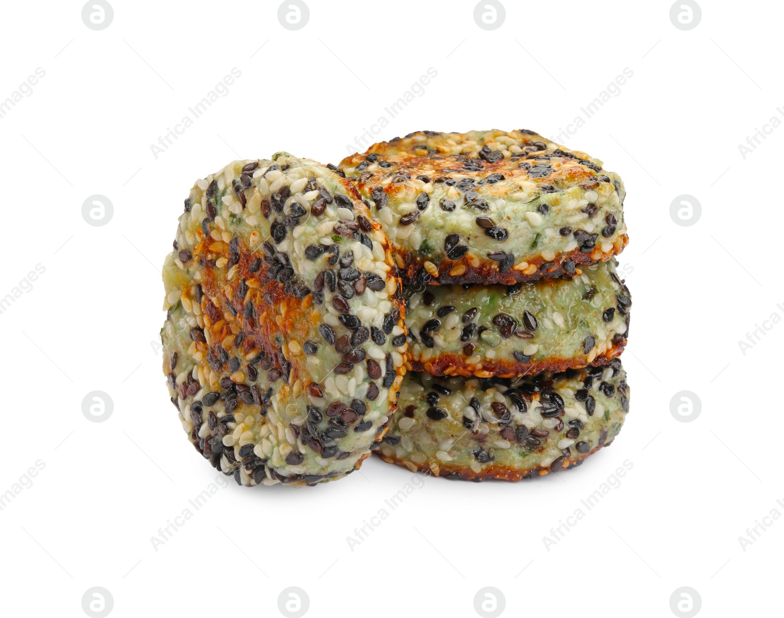 Photo of Tasty vegan cutlets with sesame isolated on white