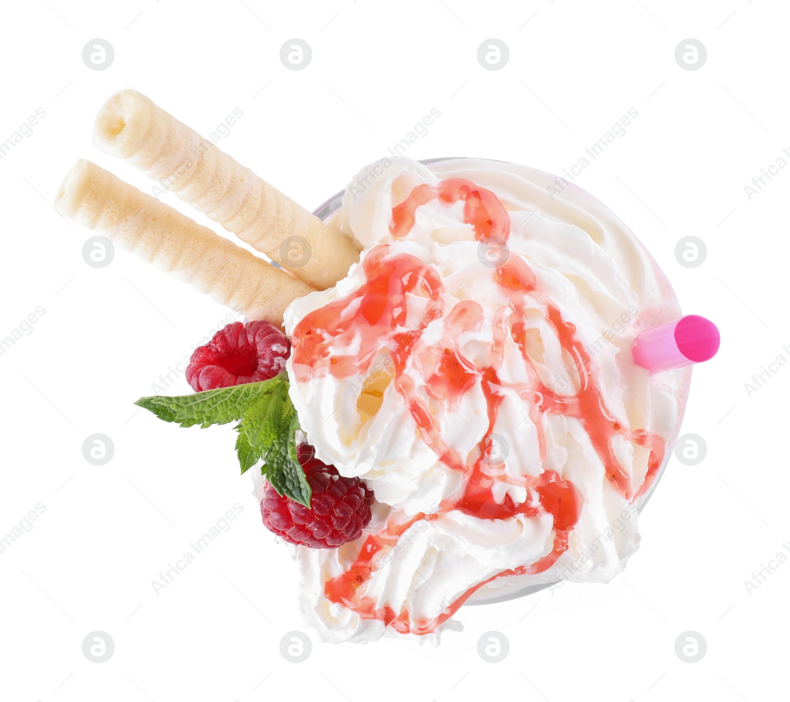 Photo of Tasty fresh milk shake in glass on white background, top view