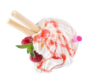 Photo of Tasty fresh milk shake in glass on white background, top view