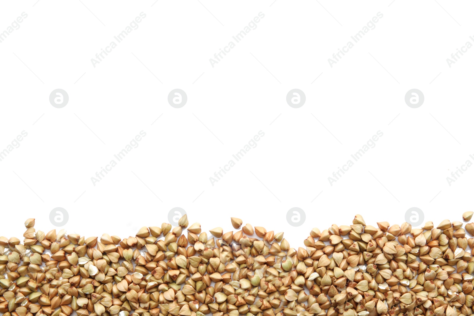 Photo of Green buckwheat on white background, top view