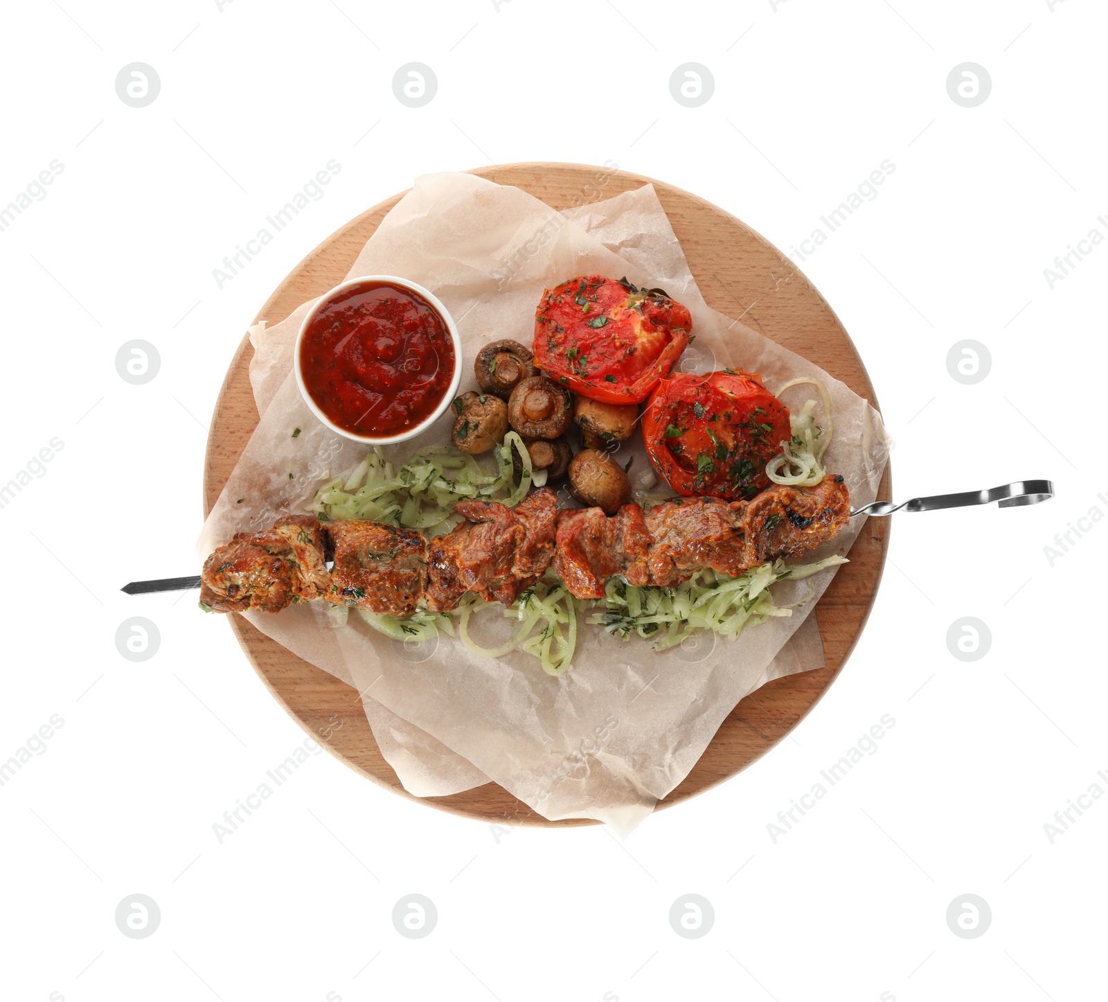 Photo of Metal skewer with delicious meat, ketchup and vegetables on white background, top view