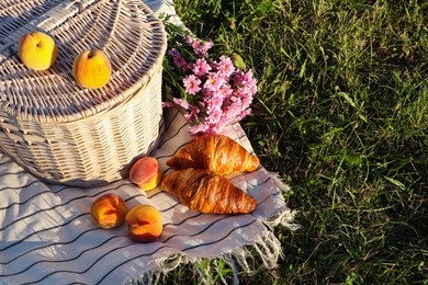 Picnic basket, flowers and food on blanket outdoors