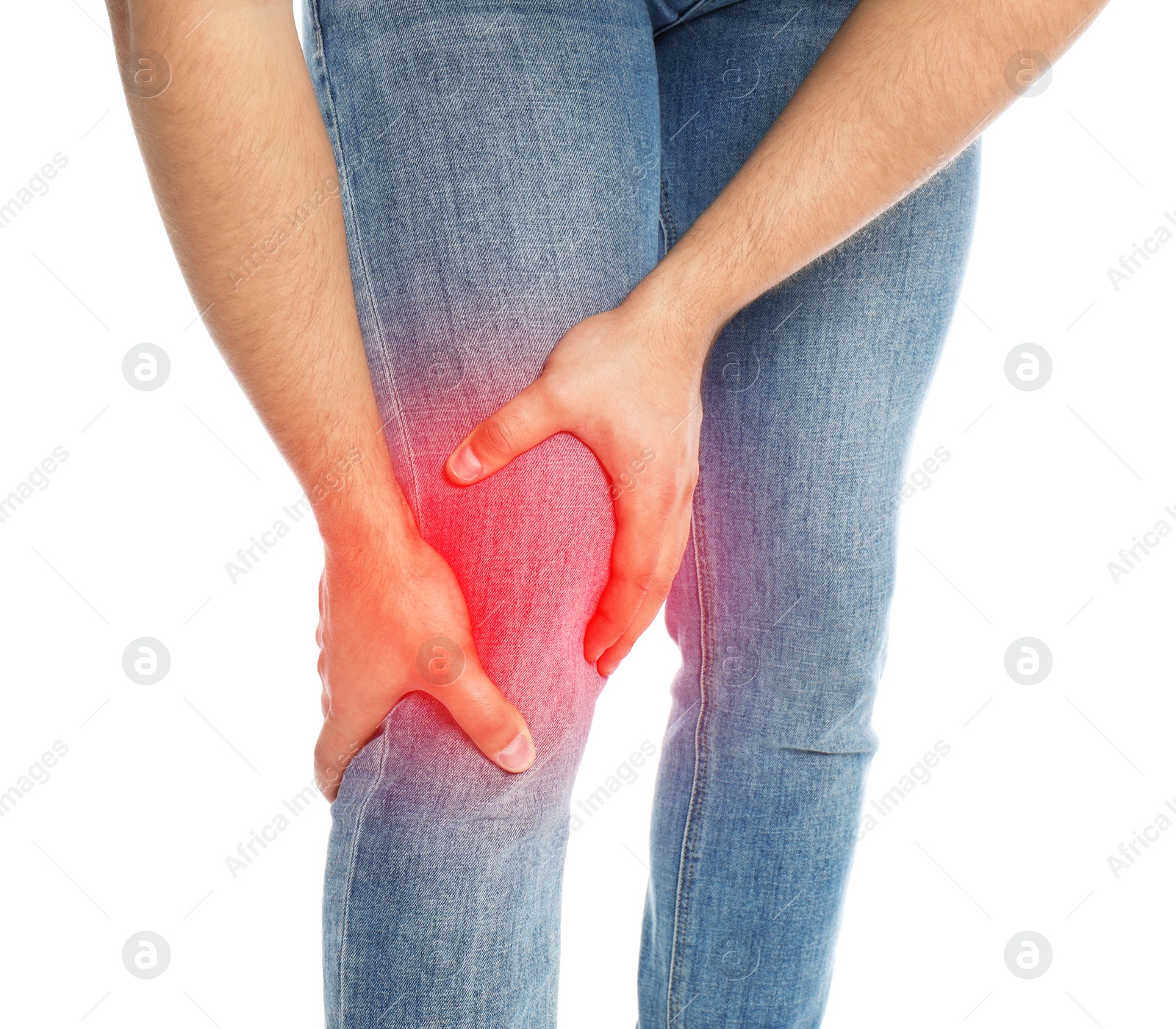 Image of Man suffering from knee pain on white background, closeup