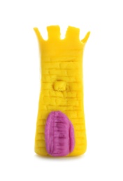 Medieval tower made from play dough on white background