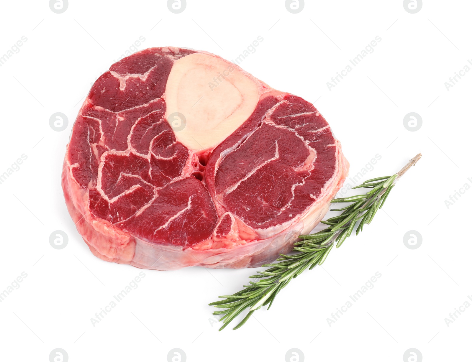 Photo of Piece of raw beef meat and rosemary isolated on white