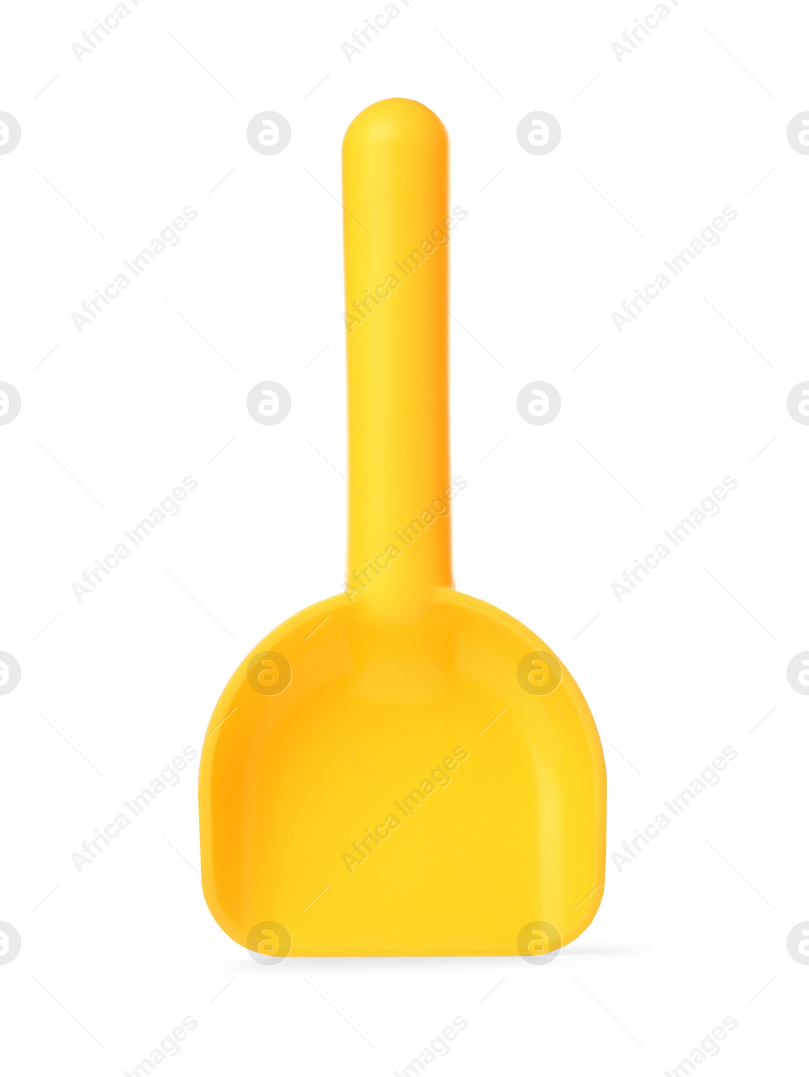 Photo of Yellow plastic toy shovel isolated on white