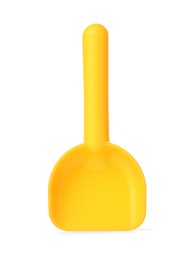 Photo of Yellow plastic toy shovel isolated on white