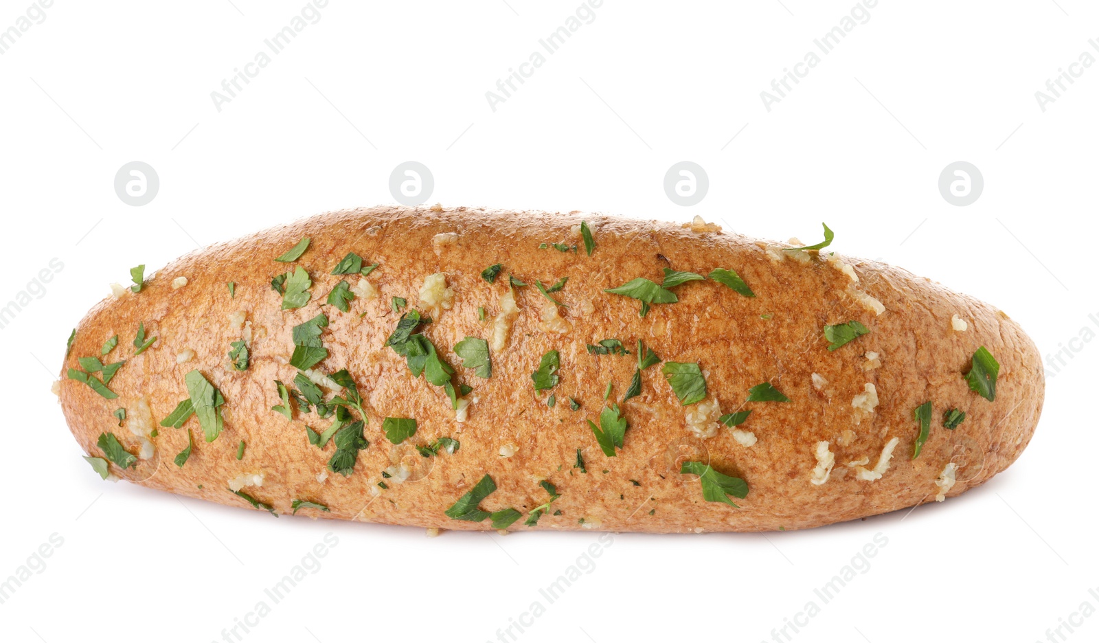 Photo of Loaf of bread with garlic and herb on white background