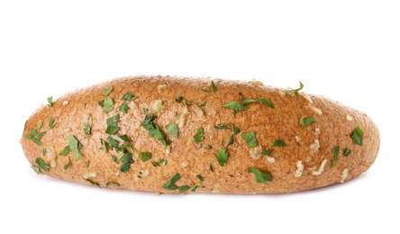 Photo of Loaf of bread with garlic and herb on white background