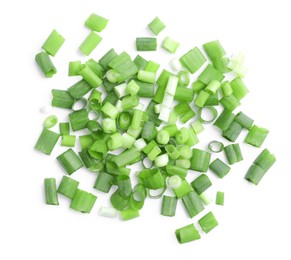 Photo of Pile of fresh green onion on white background, top view