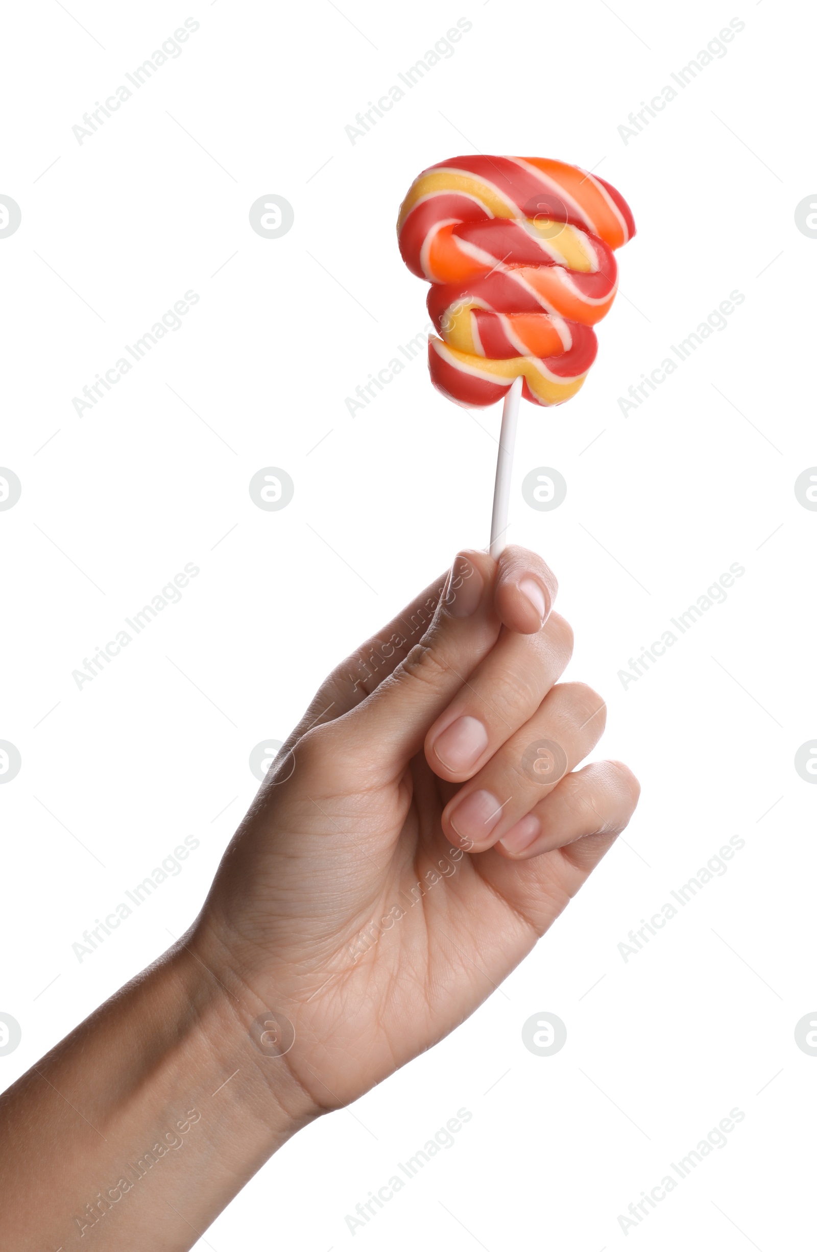 Photo of Woman holding bright tasty lollipop on white background, closeup
