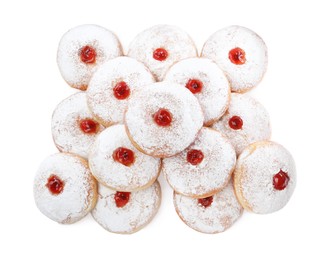 Photo of Delicious donuts with jelly and powdered sugar on white background, top view