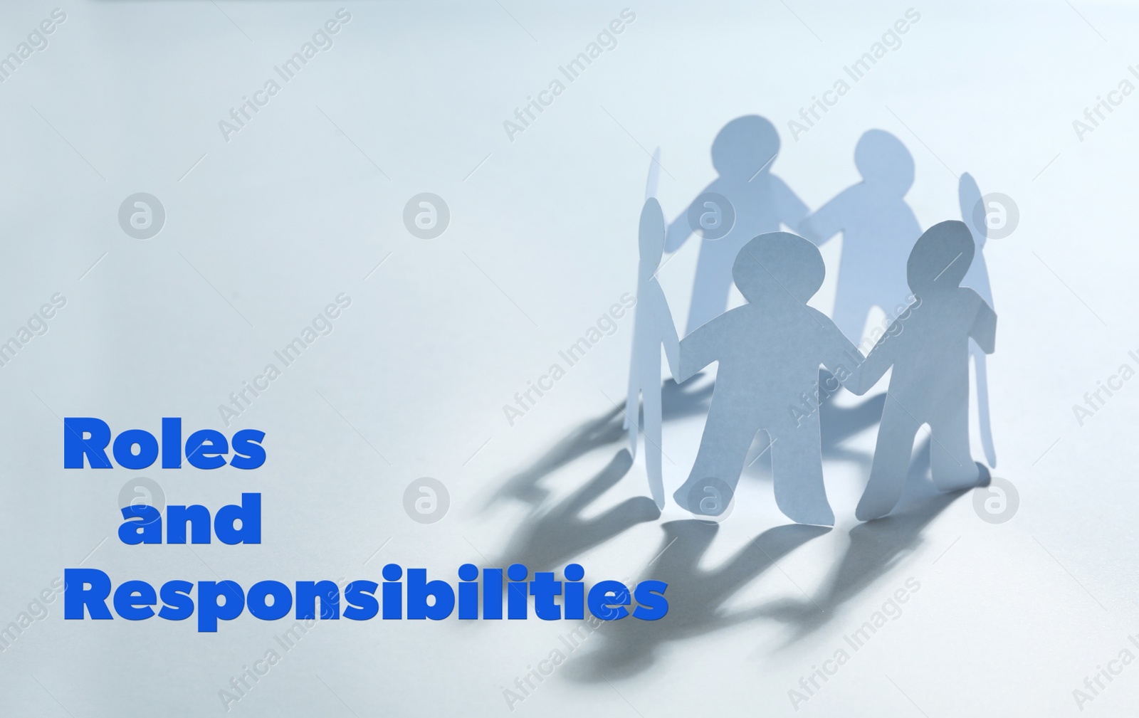 Image of Roles and Responsibilities. Paper people chain making circle on light background