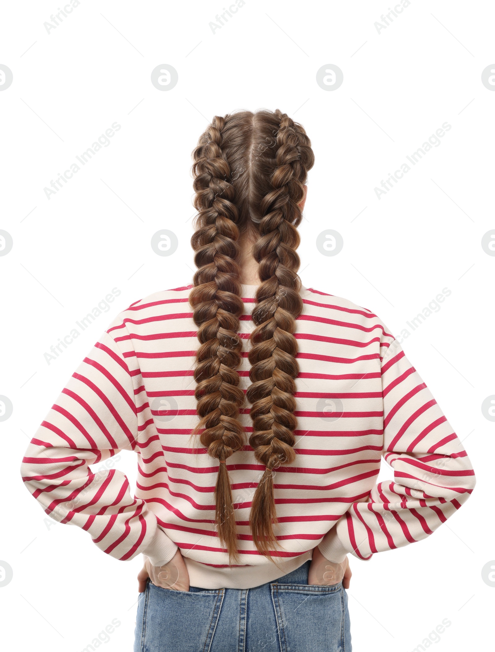 Photo of Woman with braided hair on white background, back view