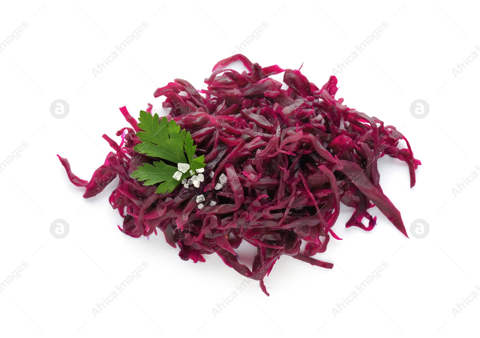 Photo of Tasty red cabbage sauerkraut with salt and parsley on white background, top view