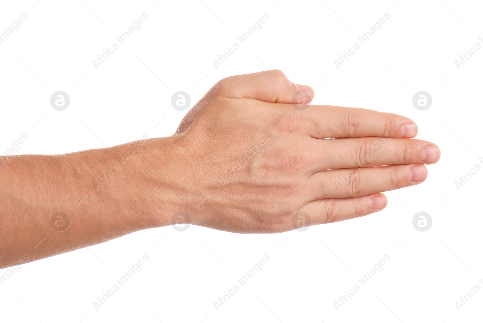 Photo of Man reaching hand for shake on white background, closeup