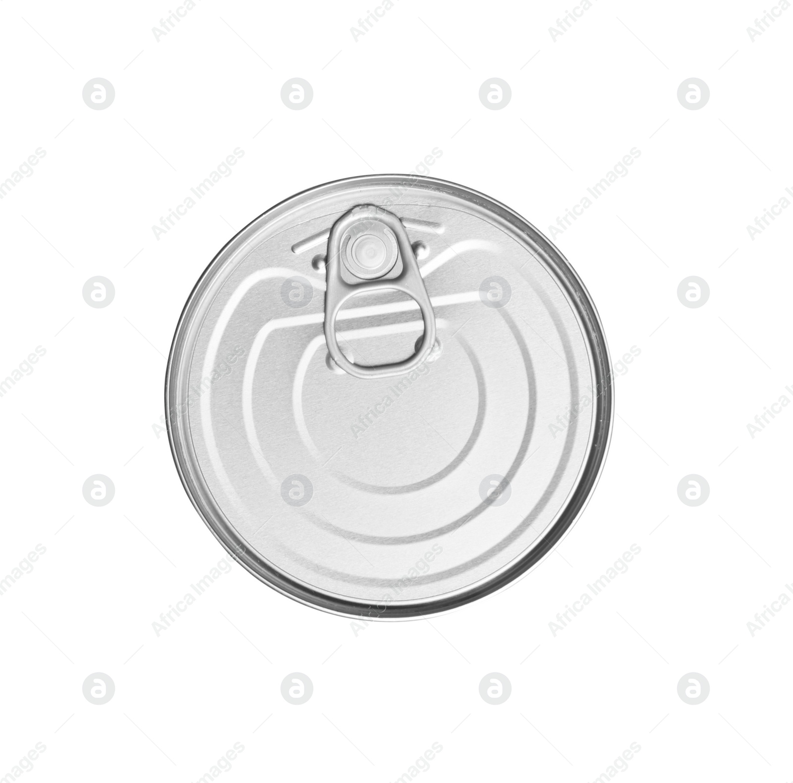 Photo of Closed tin can with ring isolated on white, top view