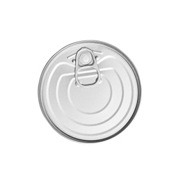 Photo of Closed tin can with ring isolated on white, top view