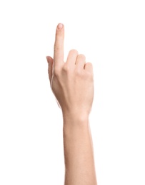 Woman pointing at something on white background, closeup of hand